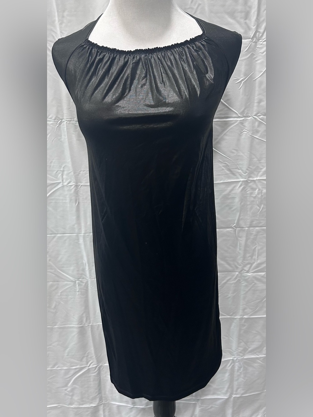 Charles Nolan New York Black Slip Dress Size 2 Gathered Satin Mini Cocktail